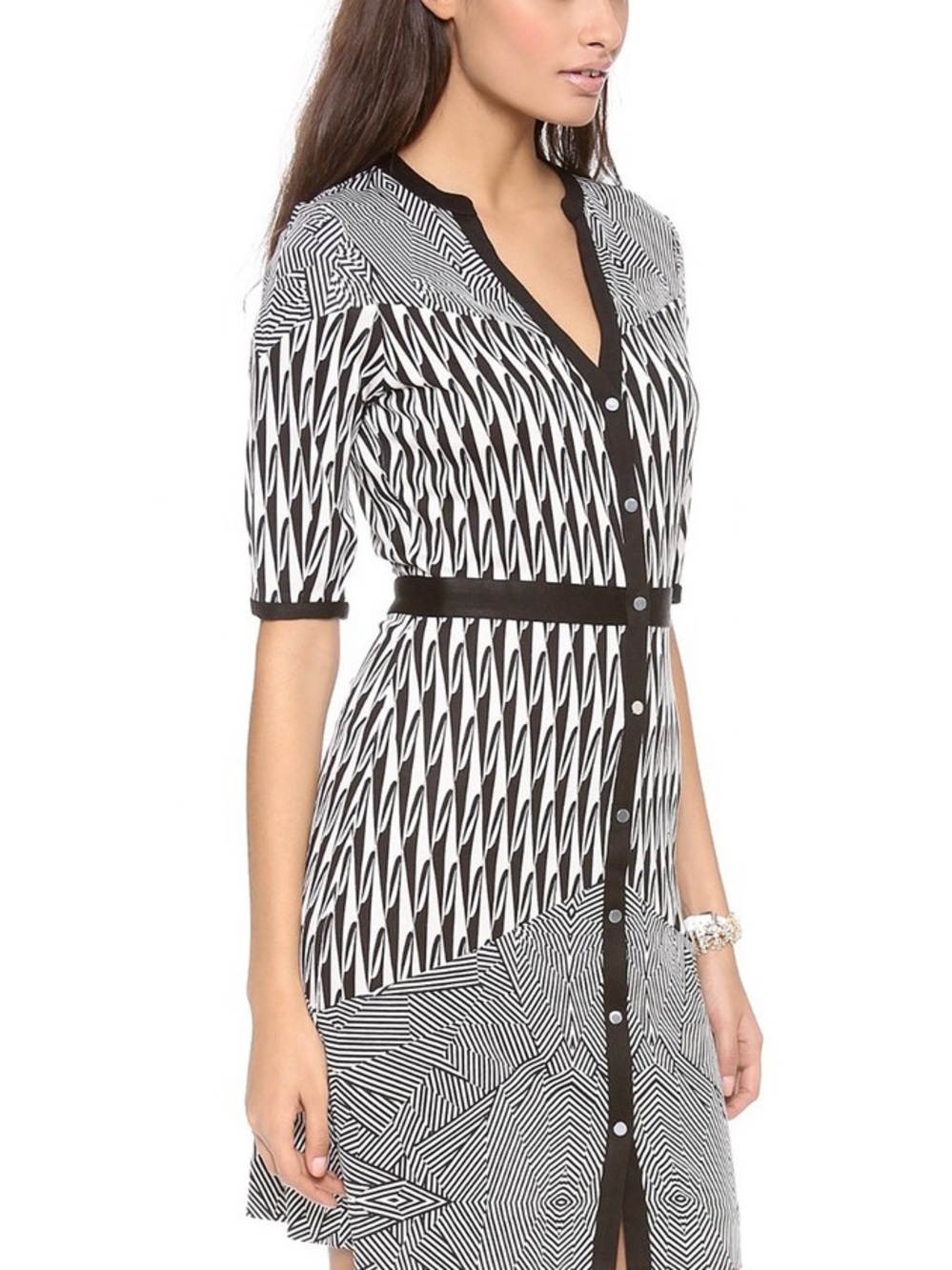 Diane Von Furstenberg Black and White Geometric Button-Front Shirt Dress